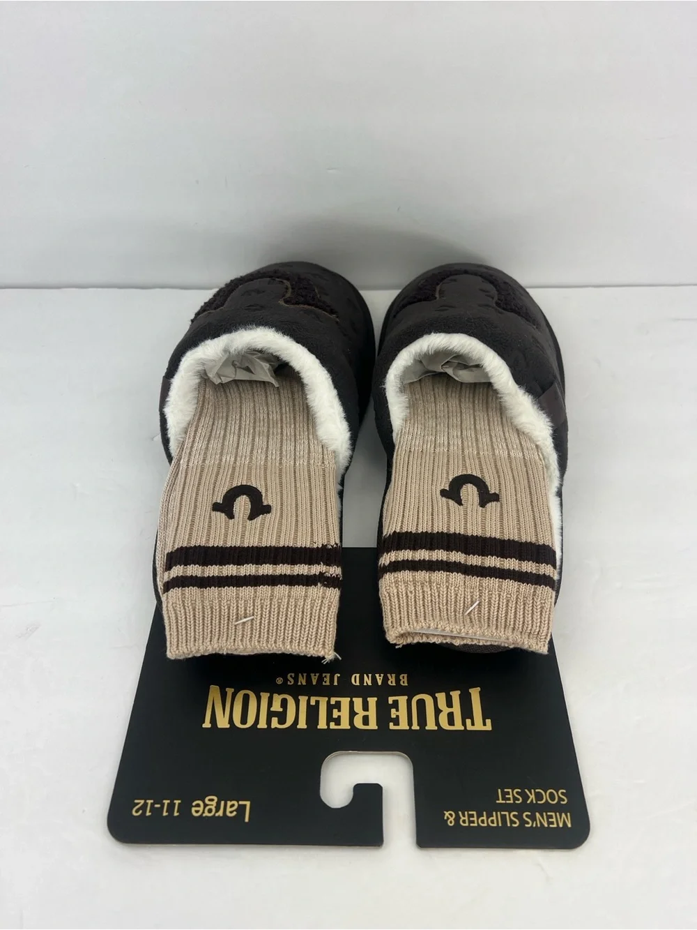 TRUE RELIGION HORSESHOE HOUSE SLIPPERS & MATCHING SOCKS BROWN SIZE LARGE 11-12